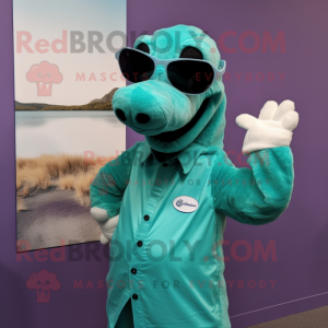 Teal Loch Ness Monster mascot costume character dressed with a Blouse and Sunglasses