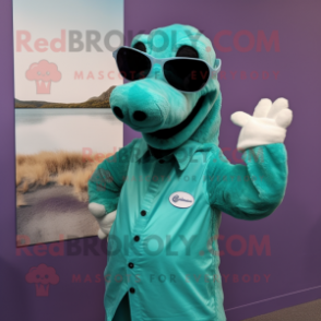 Teal Loch Ness Monster mascot costume character dressed with a Blouse and Sunglasses