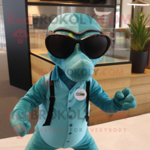 Teal Loch Ness Monster mascot costume character dressed with a Blouse and Sunglasses