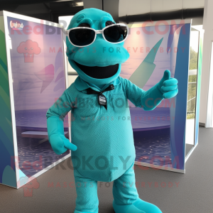 Teal Loch Ness Monster mascot costume character dressed with a Blouse and Sunglasses