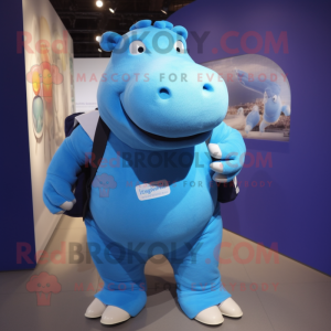 Blue Hippopotamus mascot costume character dressed with a Polo Shirt and Backpacks