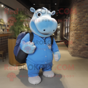 Blue Hippopotamus mascot costume character dressed with a Polo Shirt and Backpacks