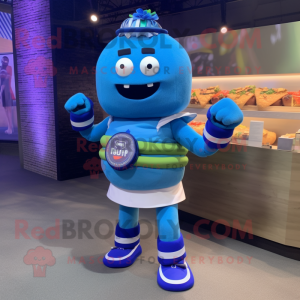 Blue Burgers mascot costume character dressed with a T-Shirt and Bracelet watches