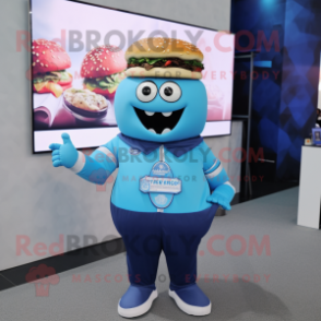 Blue Burgers mascot costume character dressed with a T-Shirt and Bracelet watches