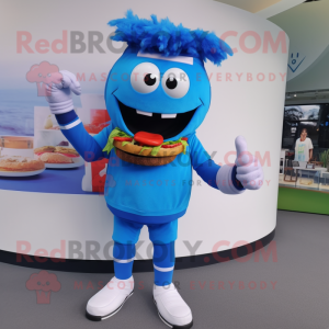 Blue Burgers mascot costume character dressed with a T-Shirt and Bracelet watches