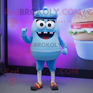 Blue Burgers mascot costume character dressed with a T-Shirt and Bracelet watches