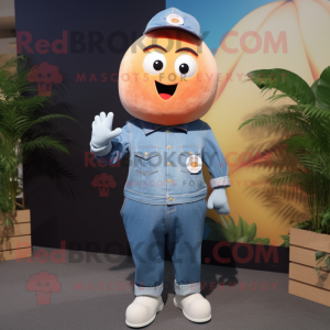 Peach Tuna mascot costume character dressed with a Denim Shirt and Cufflinks