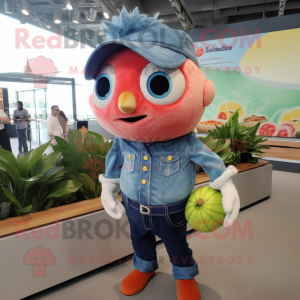 Peach Tuna mascot costume character dressed with a Denim Shirt and Cufflinks