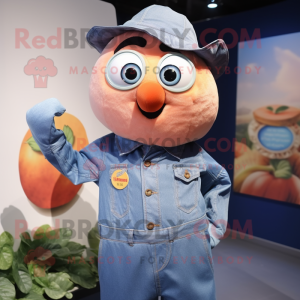 Peach Tuna mascot costume character dressed with a Denim Shirt and Cufflinks