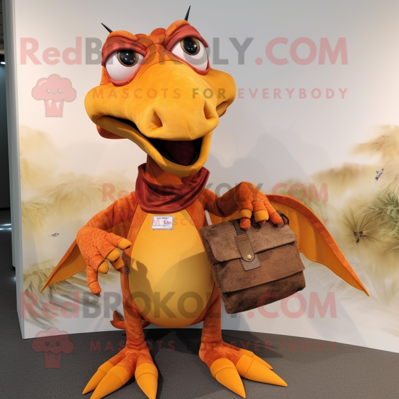 Rust Dimorphodon mascot costume character dressed with a Blouse and Clutch bags