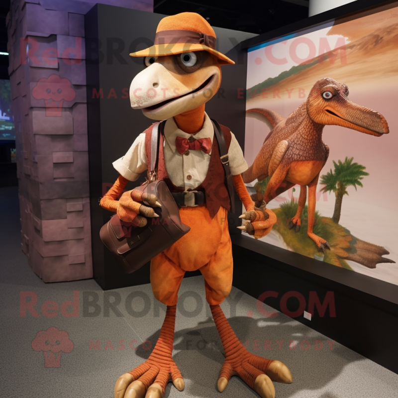 Rust Dimorphodon mascot costume character dressed with a Blouse and Clutch bags