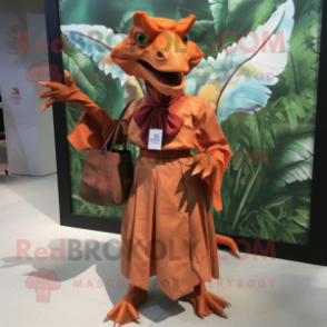 Rust Dimorphodon mascot costume character dressed with a Blouse and Clutch bags