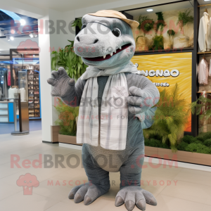 Gray Iguanodon mascot costume character dressed with a Overalls and Shawls