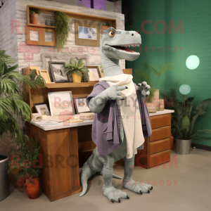 Gray Iguanodon mascot costume character dressed with a Overalls and Shawls