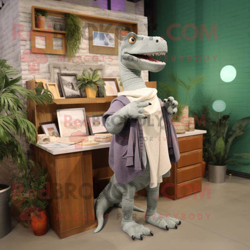 Gray Iguanodon mascot costume character dressed with a Overalls and Shawls Gray Iguanodon mascot costume character dressed with a Overalls and Shawls