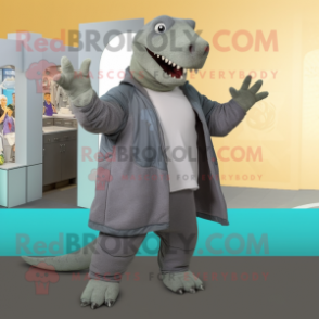 Gray Iguanodon mascot costume character dressed with a Overalls and Shawls