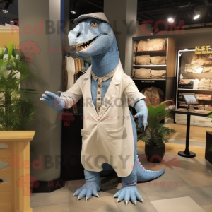 Gray Iguanodon mascot costume character dressed with a Overalls and Shawls