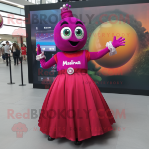 Magenta Shakshuka mascot costume character dressed with a Ball Gown and Smartwatches