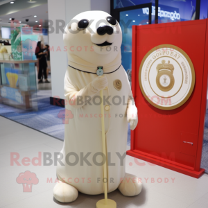 Cream Seal mascot costume character dressed with a Sheath Dress and Keychains