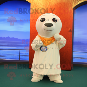 Cream Seal mascot costume character dressed with a Sheath Dress and Keychains