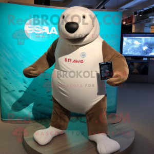 Cream Stellar'S Sea Cow mascot costume character dressed with a Board Shorts and Smartwatches