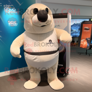 Cream Stellar'S Sea Cow mascot costume character dressed with a Board Shorts and Smartwatches