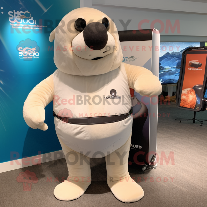 Cream Stellar'S Sea Cow mascot costume character dressed with a Board Shorts and Smartwatches