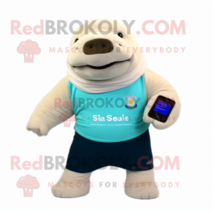 Cream Stellar'S Sea Cow mascot costume character dressed with a Board Shorts and Smartwatches
