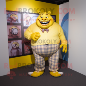 Yellow Ogre mascot costume character dressed with a Button-Up Shirt and Pocket squares