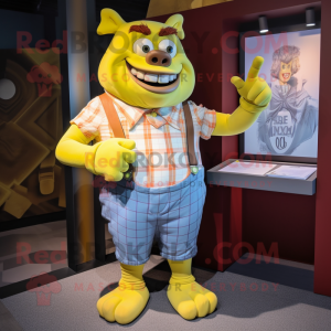 Yellow Ogre mascot costume character dressed with a Button-Up Shirt and Pocket squares