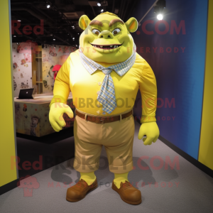 Yellow Ogre mascot costume character dressed with a Button-Up Shirt and Pocket squares
