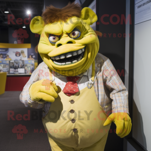 Yellow Ogre mascot costume character dressed with a Button-Up Shirt and Pocket squares