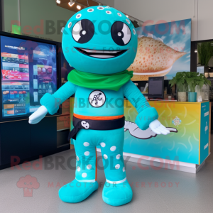 Turquoise Sushi mascot costume character dressed with a Rash Guard and Smartwatches