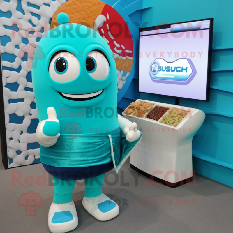 Turquoise Sushi mascot costume character dressed with a Rash Guard and Smartwatches Turquoise Sushi mascot costume character dressed with a Rash Guard and Smartwatches