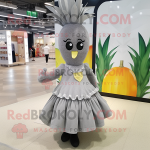 Gray Pineapple mascot costume character dressed with a Midi Dress and Shoe laces