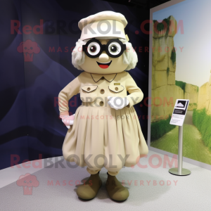 Cream Para Commando mascot costume character dressed with a A-Line Skirt and Eyeglasses