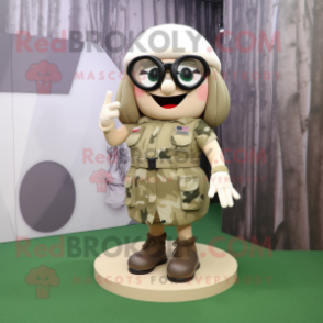 Cream Para Commando mascot costume character dressed with a A-Line Skirt and Eyeglasses