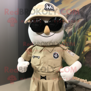 Cream Para Commando mascot costume character dressed with a A-Line Skirt and Eyeglasses