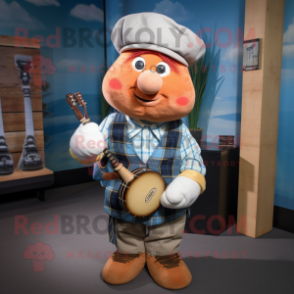Peach Bagpipe mascot costume character dressed with a Chambray Shirt and Gloves