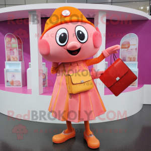 Pink Orange mascot costume character dressed with a A-Line Dress and Wallets