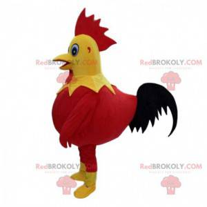 Mascote de galo vermelho, amarelo e preto, fantasia de frango -