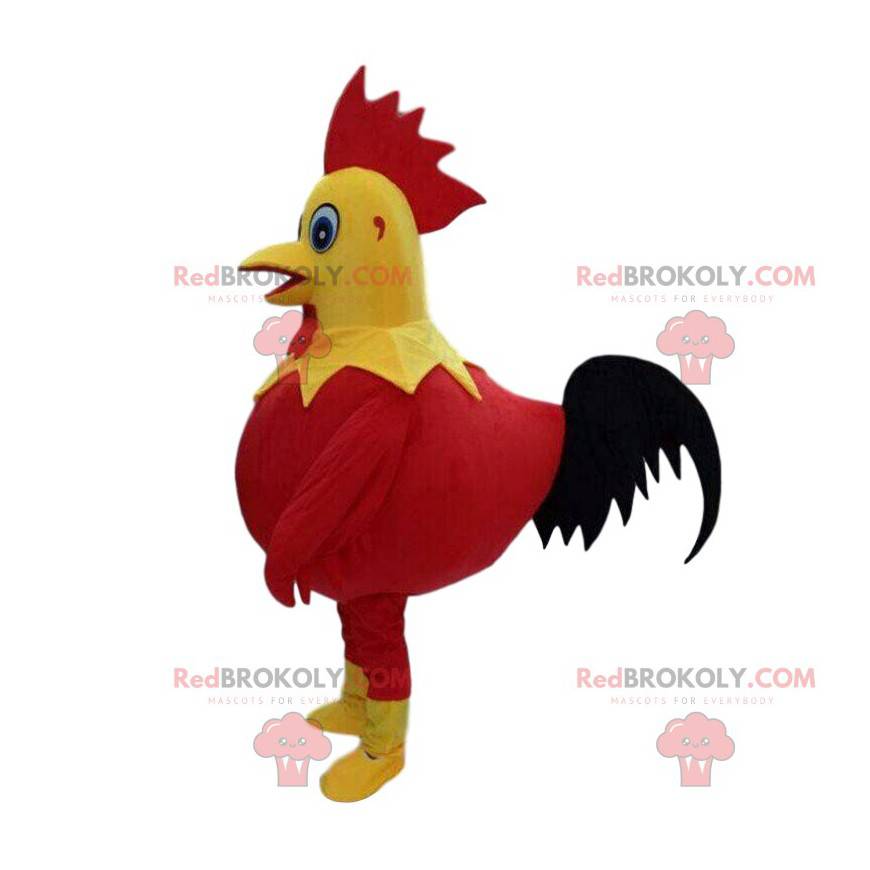 Mascotte de coq rouge, jaune et noir, costume de poulet -