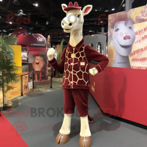 Maroon Giraffe mascot costume character dressed with a Cardigan and Foot pads