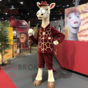 Maroon Giraffe mascot costume character dressed with a Cardigan and Foot pads