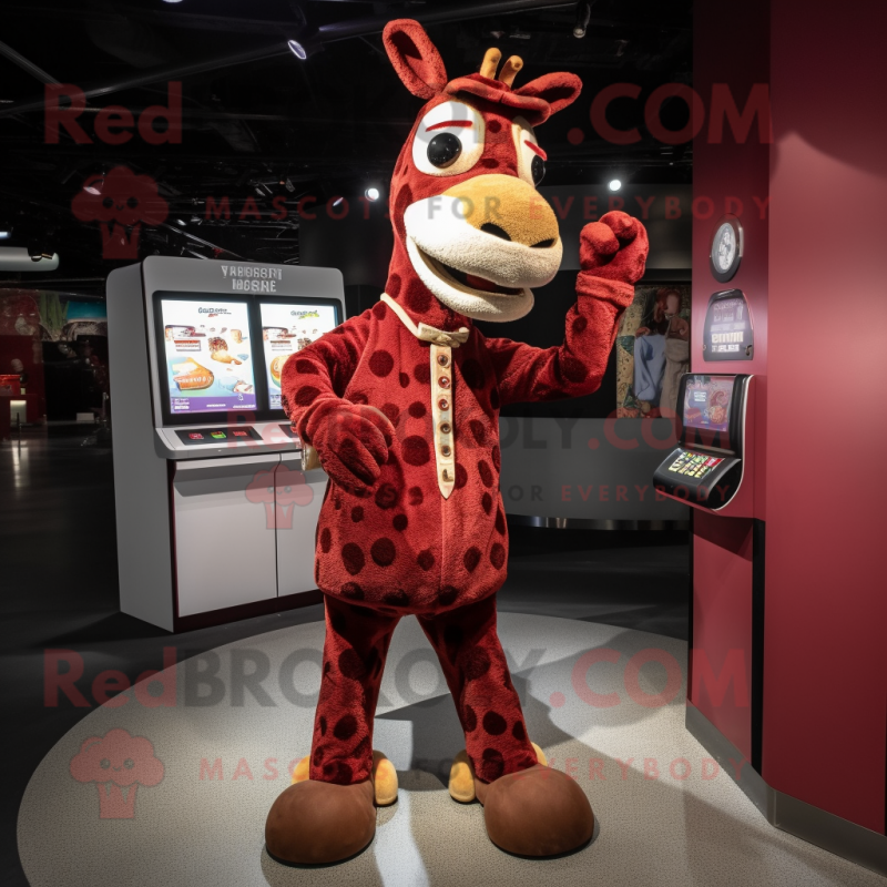 Maroon Giraffe mascot costume character dressed with a Cardigan and Foot pads Maroon Giraffe mascot costume character dressed with a Cardigan and Foot pads