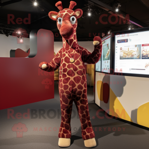 Maroon Giraffe mascot costume character dressed with a Cardigan and Foot pads