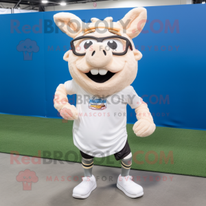 White Pulled Pork Sandwich mascot costume character dressed with a Running Shorts and Eyeglasses