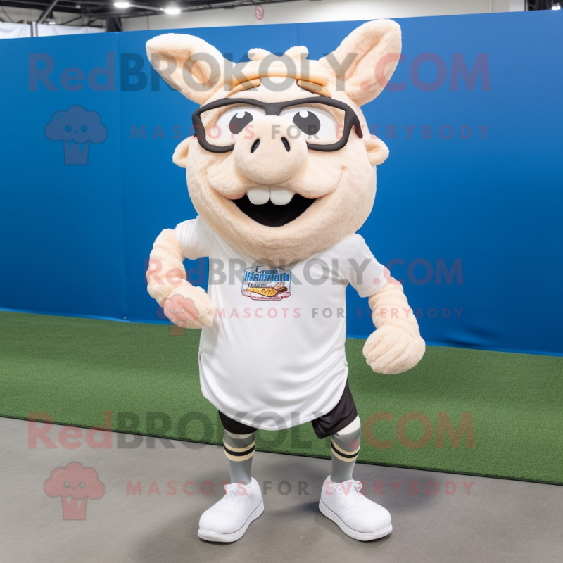 White Pulled Pork Sandwich mascot costume character dressed with a Running Shorts and Eyeglasses White Pulled Pork Sandwich mascot costume character dressed with a Running Shorts and Eyeglasses