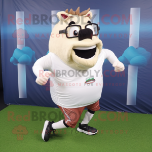 White Pulled Pork Sandwich mascot costume character dressed with a Running Shorts and Eyeglasses