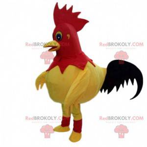 Mascote de galo amarelo, vermelho e preto, fantasia de frango -